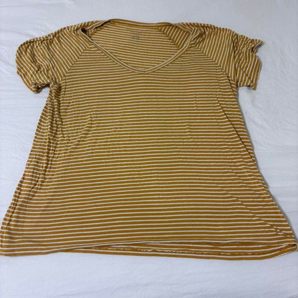 AMERICAN EAGLE Yellow White V-Neck Women's Large Top Blouse Casual Soft T-Shirt